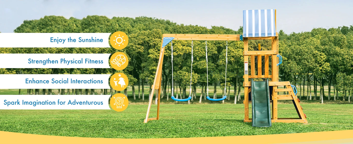 Robotime Robud Wooden Swing Set with Dual Swings Slide Rock Climbing Wall Chalkboard Telescope Fort for Backyard Fun for Kids
