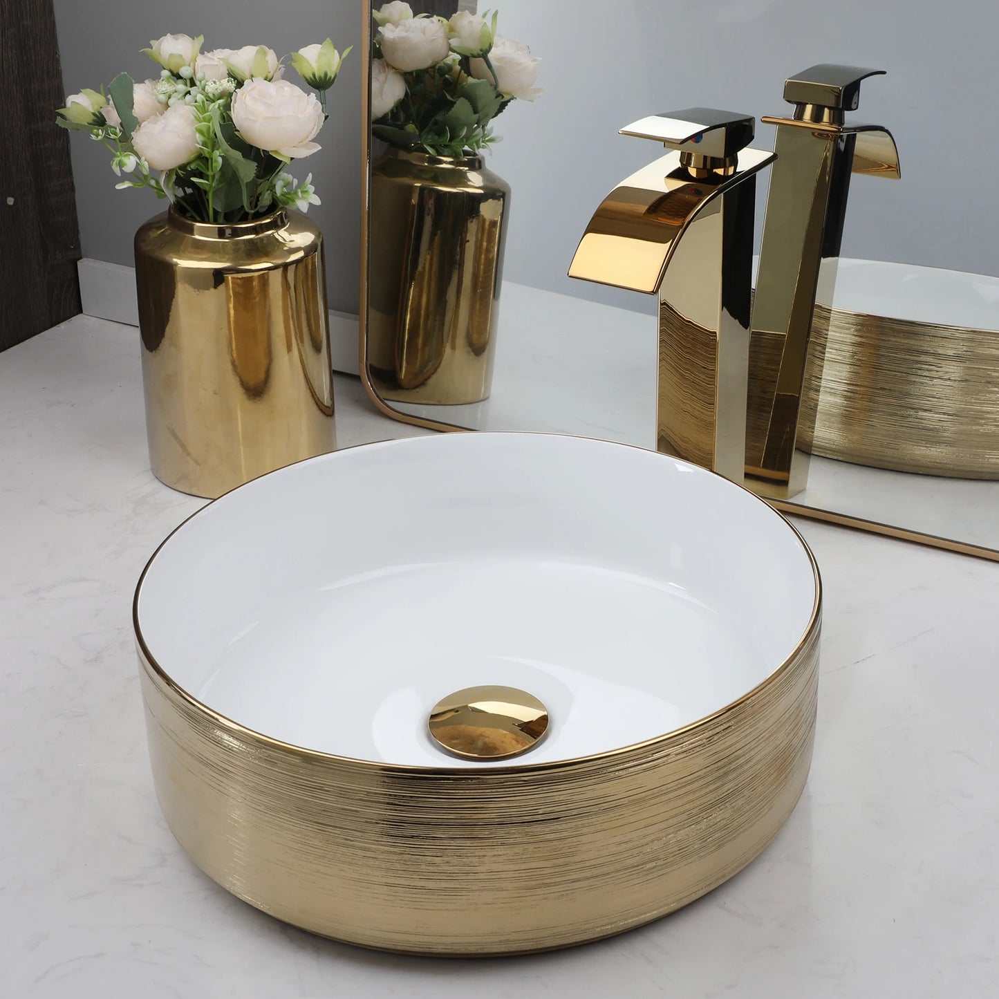 KEMAIDI Round Vessel Sink With Faucet Ceramic Bathroom Set