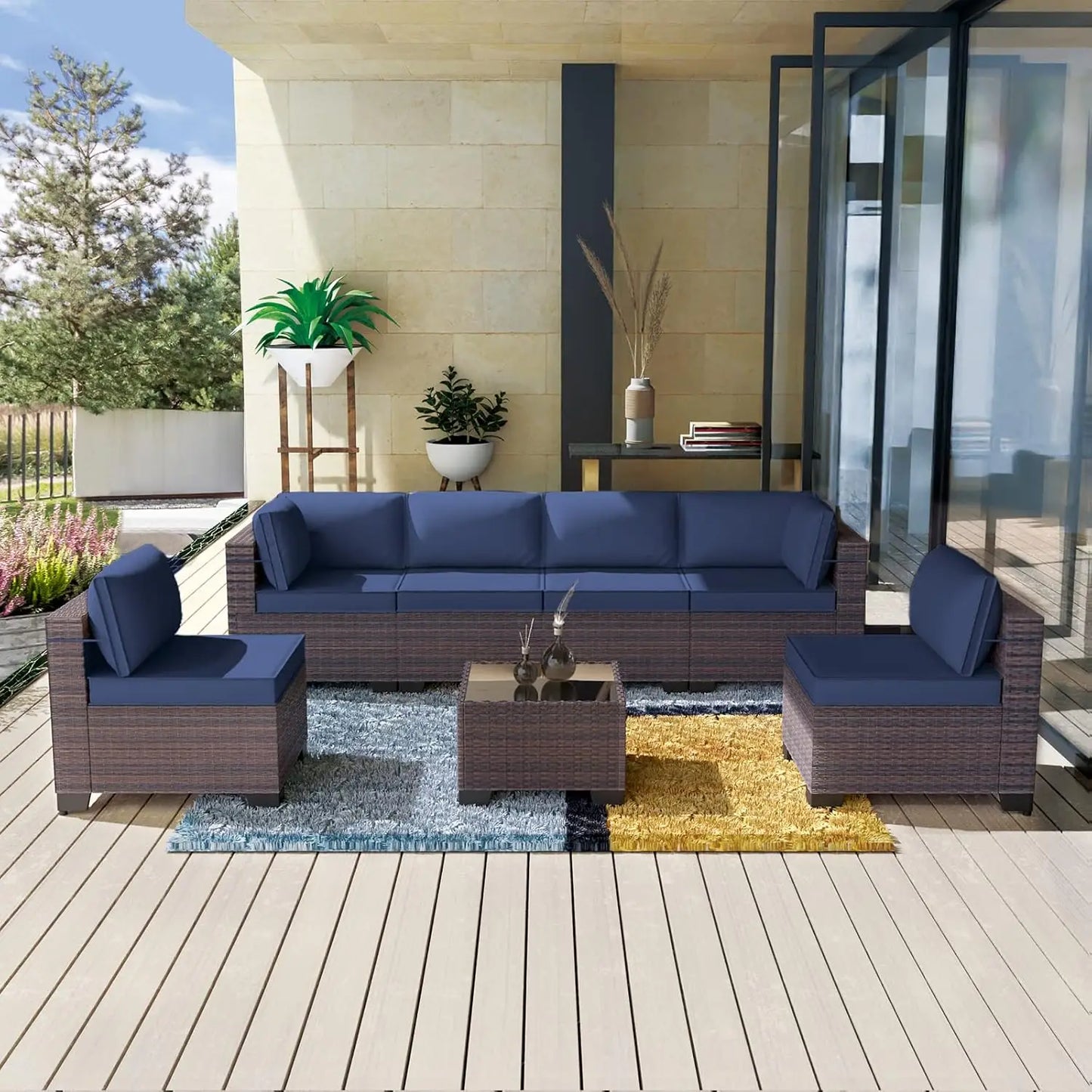 7 Pieces Outdoor Patio Furniture Set,Sectional Rattan Sofa Set Brown PE Rattan Wicker Patio Conversation Set with, Customized
