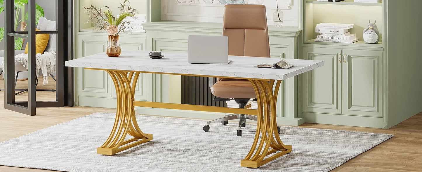 Tribesigns Modern Executive Wooden Office Desk With Gold Metal Legs
