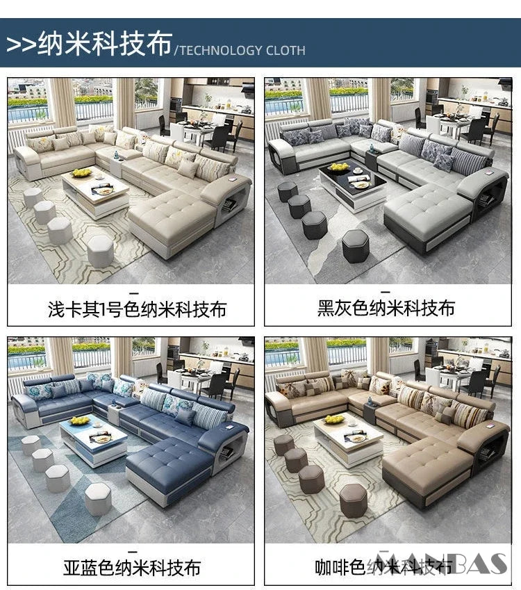 Linlamlim U Shape Fabric Sofa Set With USB Ports And Stools