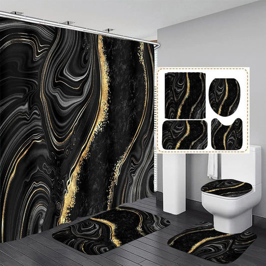 4-Piece Black Marble Shower Curtain Set with Gold Rugs, Modern Abstract Bathroom Decor Accessories for Toilet and Floor