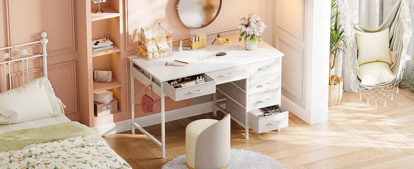 ODK 40 Inch White Computer Desk, 6 Drawers Reversible Desk with Headphone Hook, Small Storage Desk for Home Office Study Bedroom