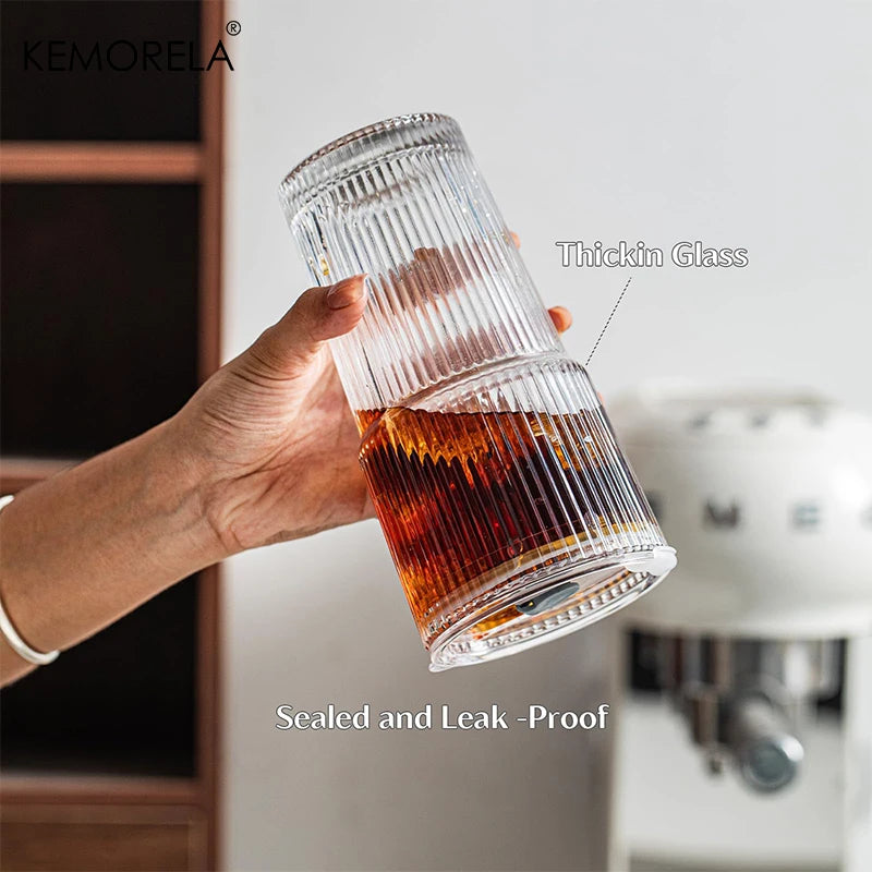 KEMORELA Ribbed Glass Tumblers With Lids And Straws Set