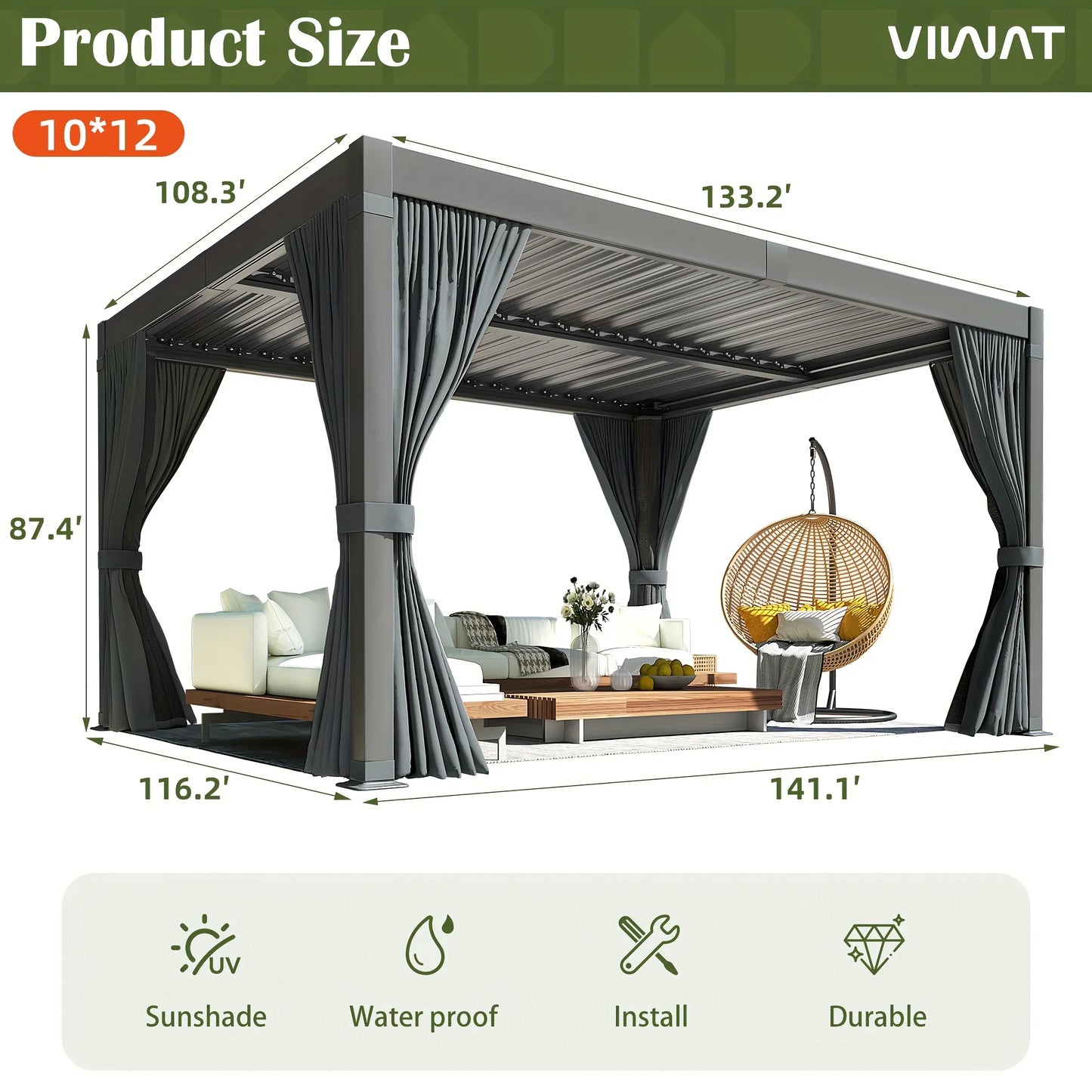 VIWAT 10x12/10x20FT Louvered Pergola Aluminum Frame Waterproof Roof All Weather Rust-Resistant Gazebo for Backyard Patio