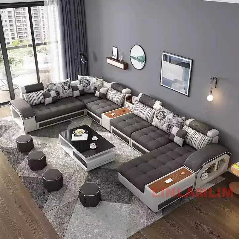 MANBAS U Shaped Sectional Fabric Sofa With Storage Built In Side Tables USB