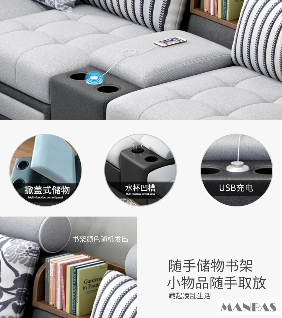 Linlamlim U Shape Fabric Sofa Set With USB Ports And Stools