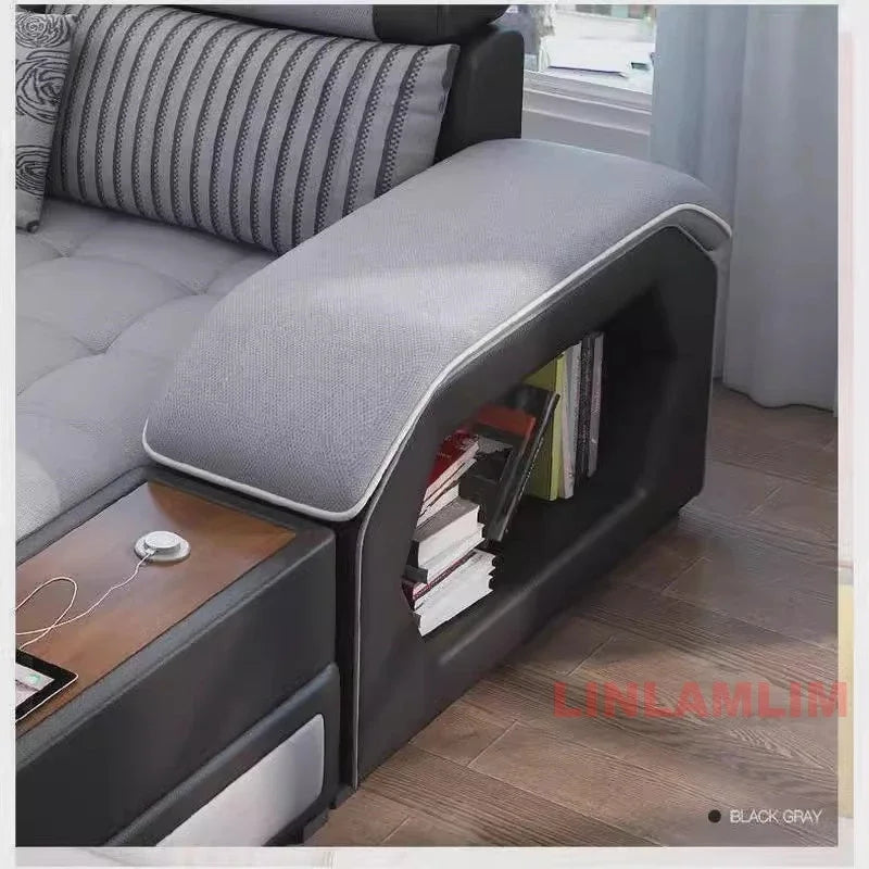MANBAS U Shaped Sectional Fabric Sofa With Storage Built In Side Tables USB
