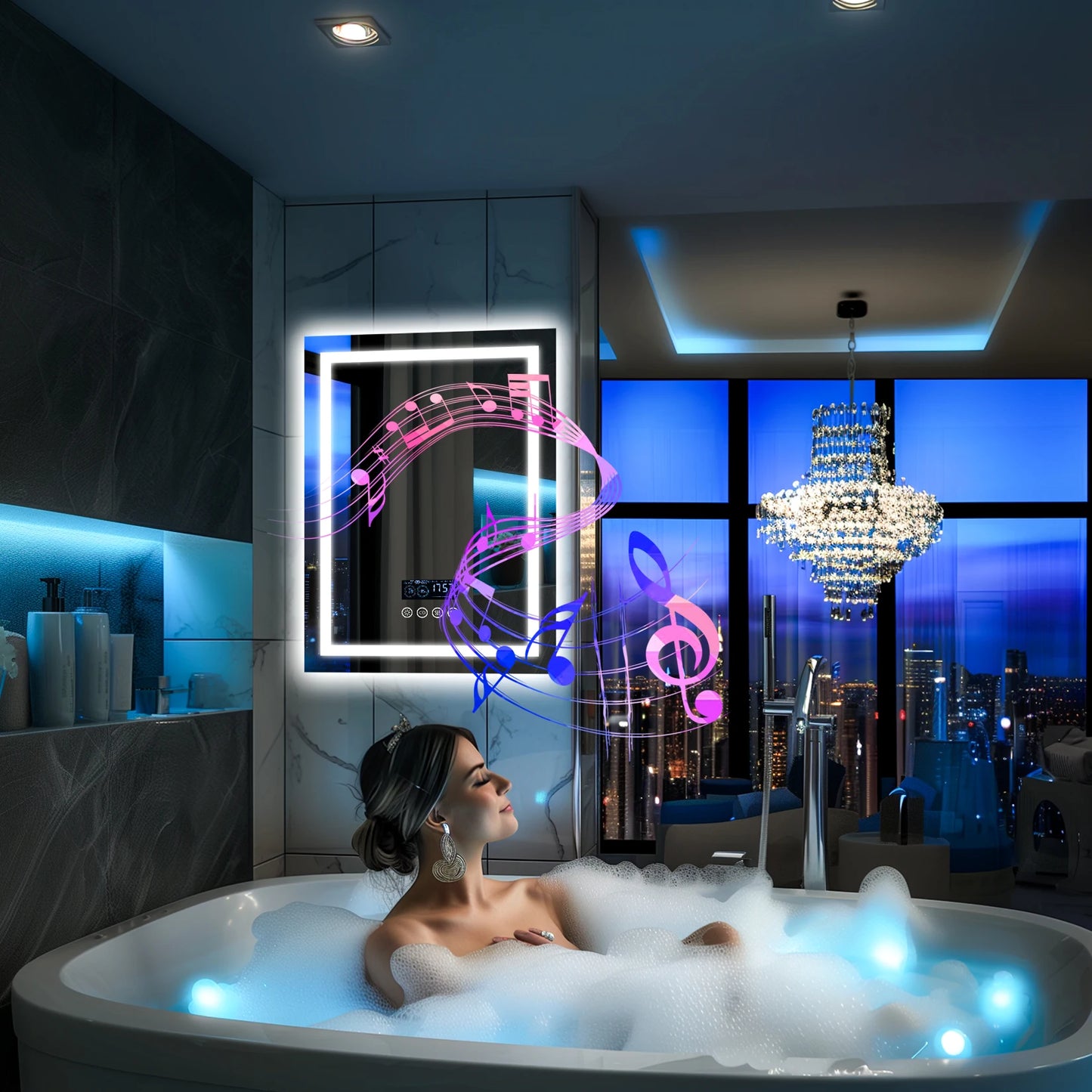 LED Lighted Bathroom Mirror with Bluetooth Speaker Smart LED Vanity Makeup Wall Mounted Mirrors 3 Lights Setting Anti-Fog RBG