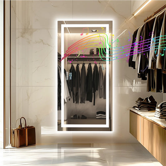 LED Lighted Bathroom Mirror with Bluetooth Speaker Smart LED Vanity Makeup Wall Mounted Mirrors 3 Lights Setting Anti-Fog RBG