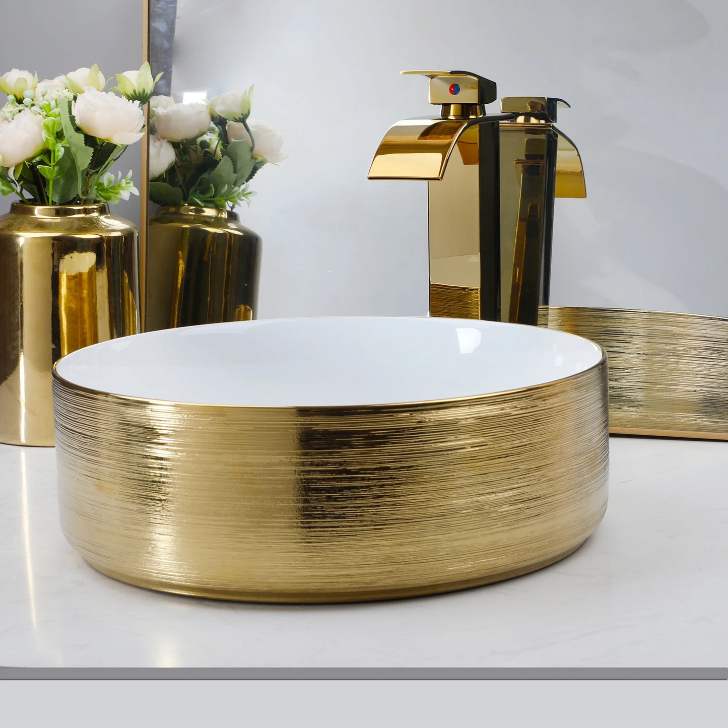 KEMAIDI Round Vessel Sink With Faucet Ceramic Bathroom Set