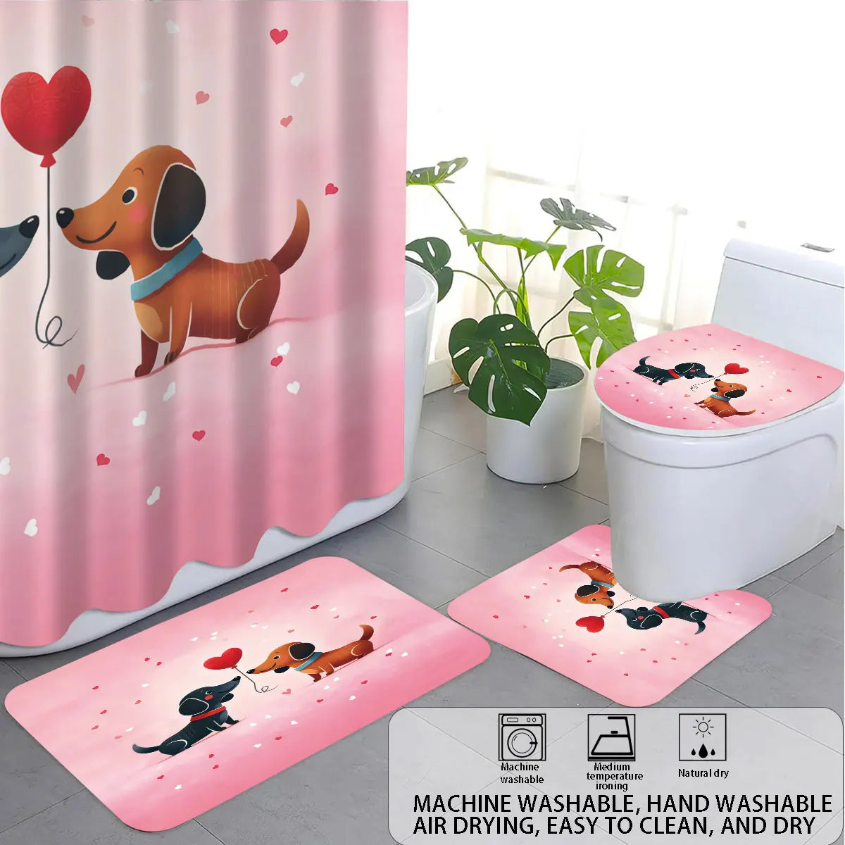 4pcs Valentine's Day Pink Romantic Sausage Dog Print Bathroom Set Waterproof Shower Curtain Floor Mat U-shaped Toilet Mat