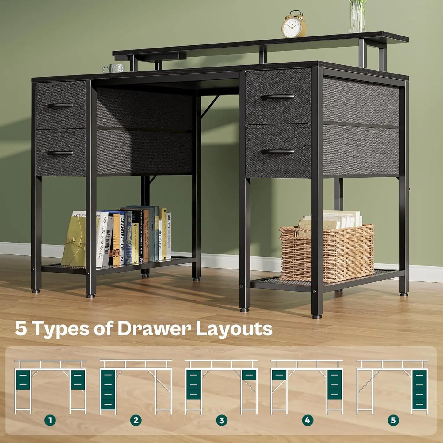 47-Inch Gaming Desk with LED Lights, Power Outlets, and 4 Drawers for Home Office and Bedroom Use in Black