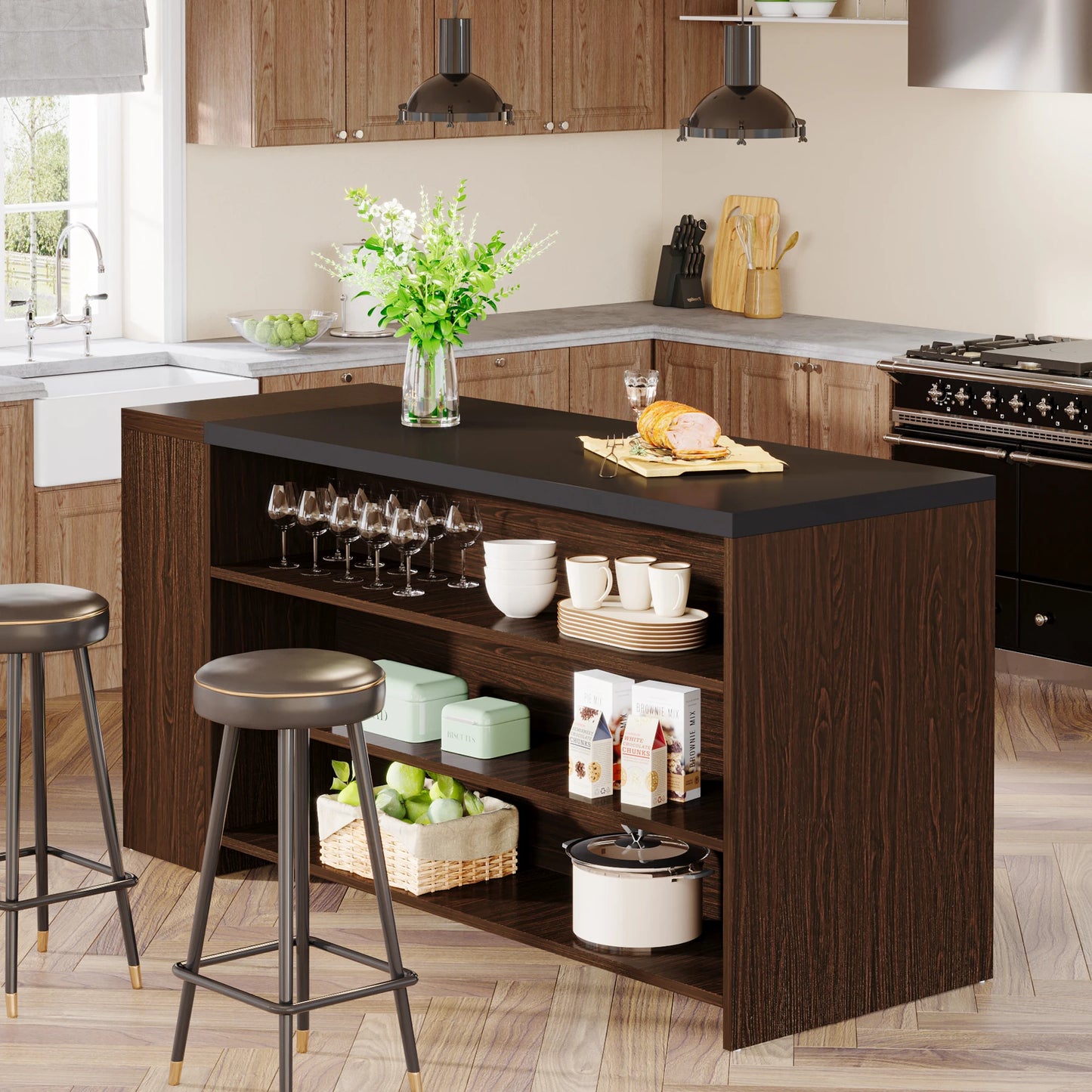 Tribesigns Farmhouse Kitchen Island with Storage and 5-Tier Shelves