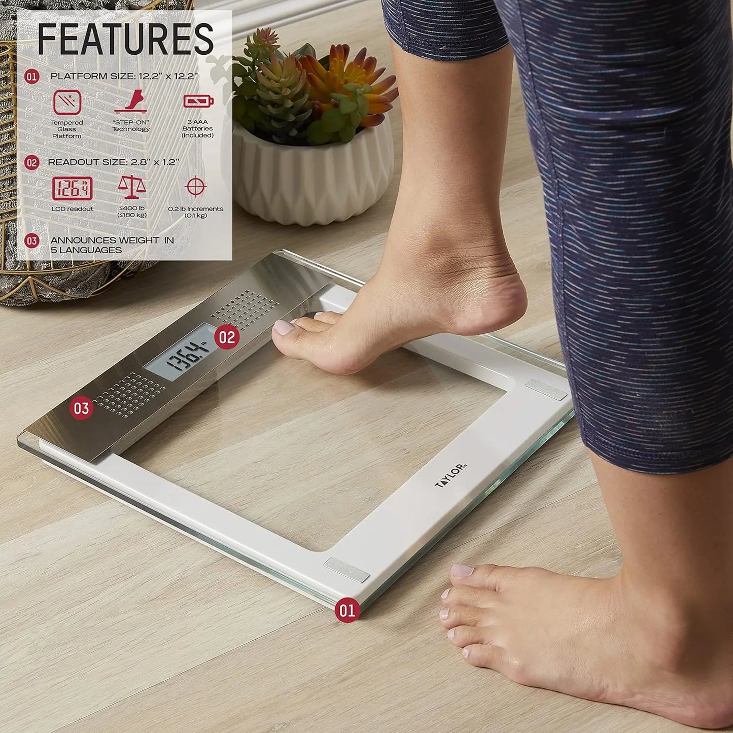 Digital Talking Bathroom Scale with 5 Languages, 440 LB Capacity, Clear Glass & Stainless Steel Accents