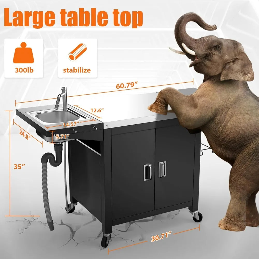 Grill Table with Sink, Outdoor Bar Cart Grill Station, Modular Outdoor Kitchen Island with 100-Gallon Storage Cabinet, 304 Stain