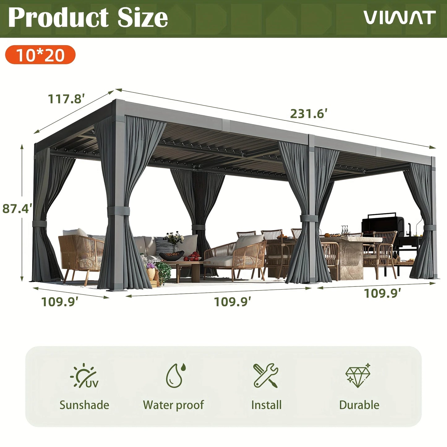 VIWAT 10x12/10x20FT Louvered Pergola Aluminum Frame Waterproof Roof All Weather Rust-Resistant Gazebo for Backyard Patio