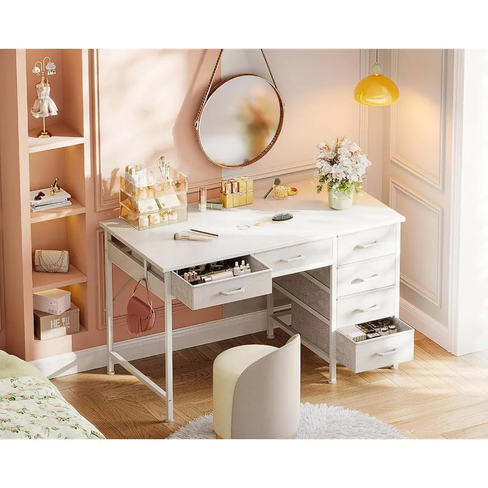 ODK 40 Inch White Computer Desk, 6 Drawers Reversible Desk with Headphone Hook, Small Storage Desk for Home Office Study Bedroom
