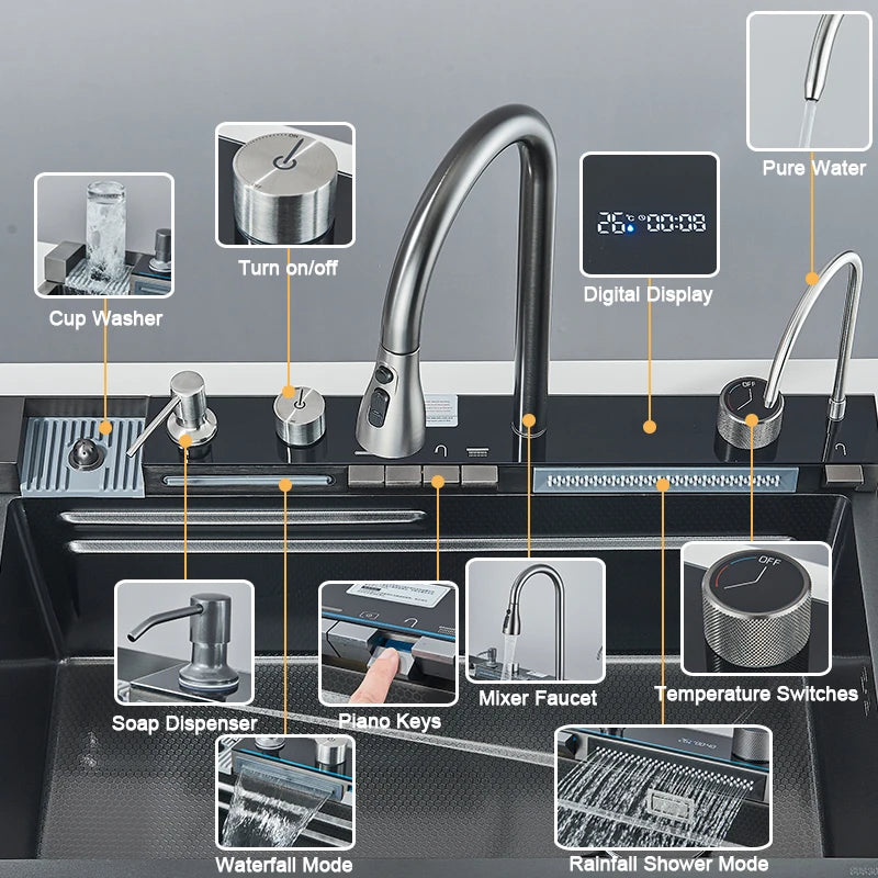 Rozin 304 Stainless Steel Kitchen Sink With Waterfall Faucet