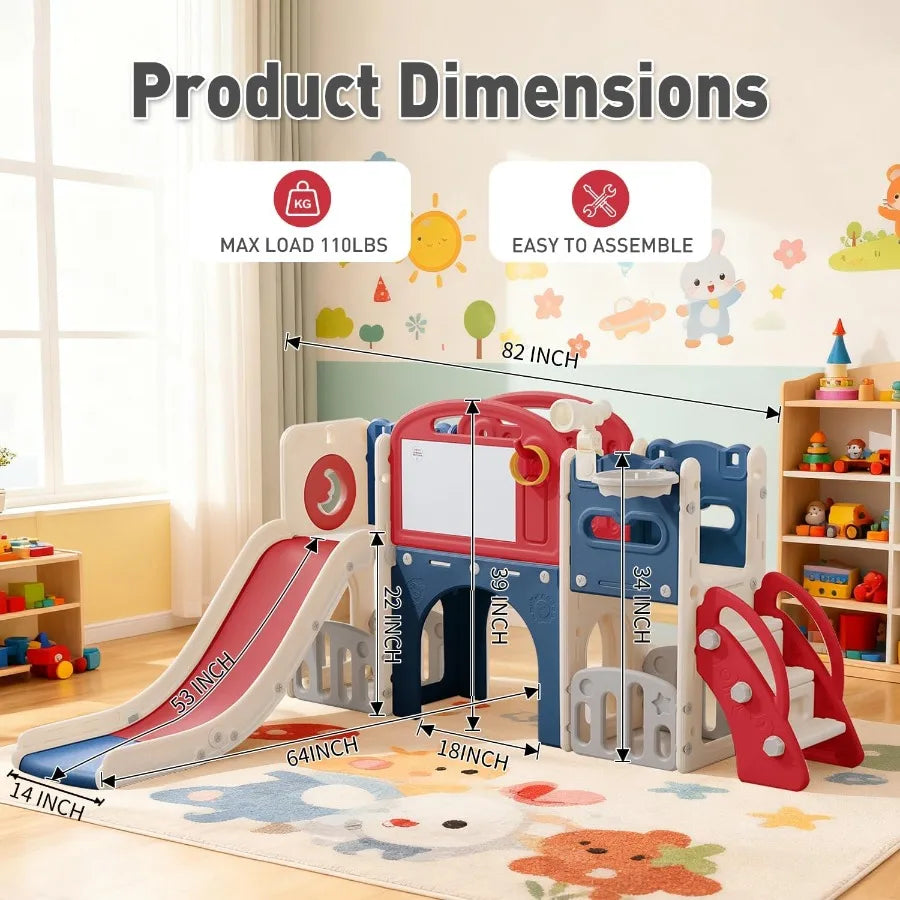 11 in 1 Toddler Playset with Telescope Playground for Ages 1-3 Red Indoor Outdoor Climber Slide Basketball Hoop Tunnel Crawl To