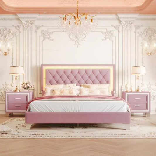 General 3-Piece Upholstered Bedroom Set With LED Bed And Nightstands