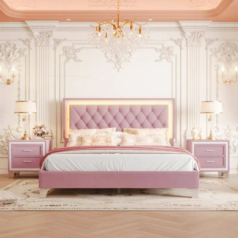 General 3-Piece Upholstered Bedroom Set with LED Bed and Nightstands
