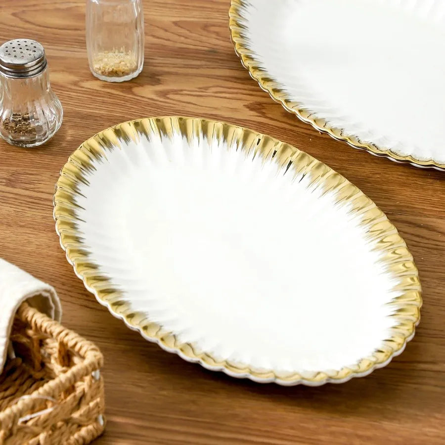 Porcelain Ceramic Oval Serving Platters With Gold Trim For Entertaining