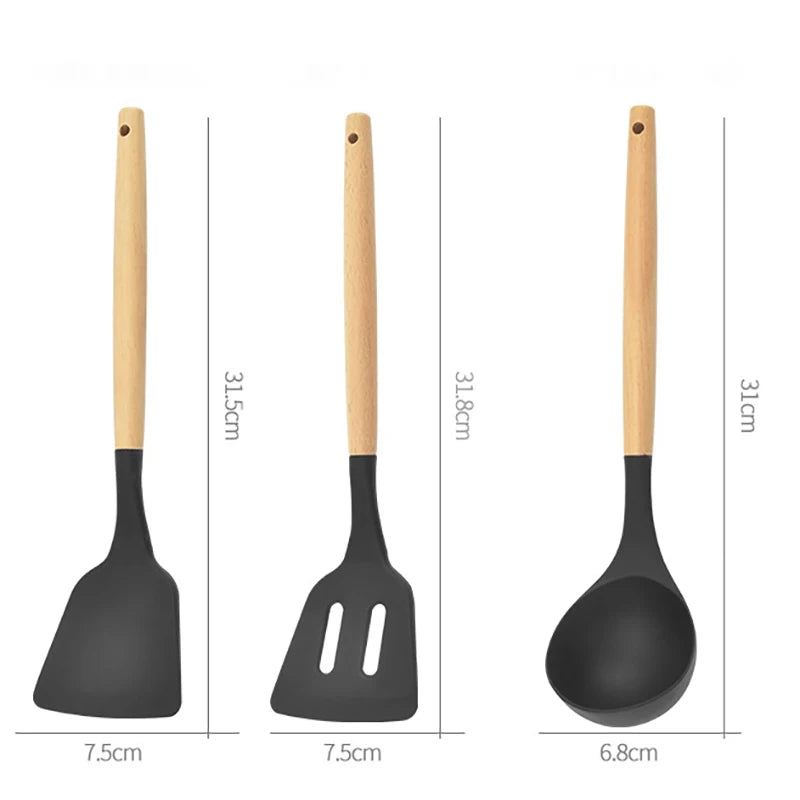AJOYOUS Silicone Kitchen Utensil Set Nonstick Spatulas Shovels Wooden Handle