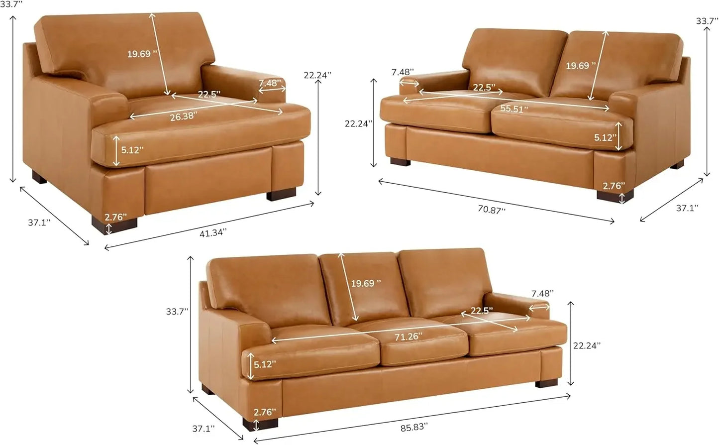 Siggy Genuine Leather Sofa Set 3 With Goose Feather Cushions