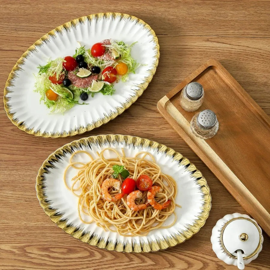 Porcelain Ceramic Oval Serving Platters With Gold Trim For Entertaining
