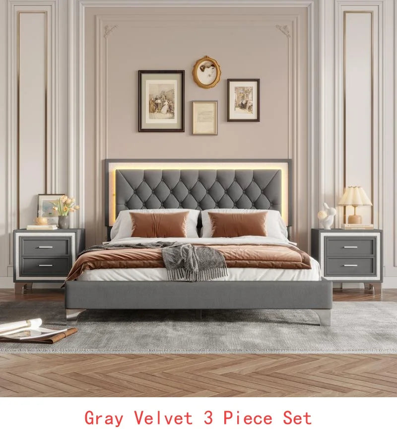 General 3-Piece Upholstered Bedroom Set With LED Bed And Nightstands