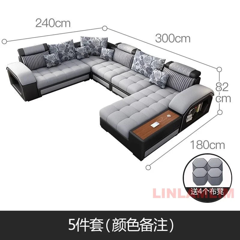 MANBAS U-Shaped Sectional Fabric Sofa Set With Built-In Storage