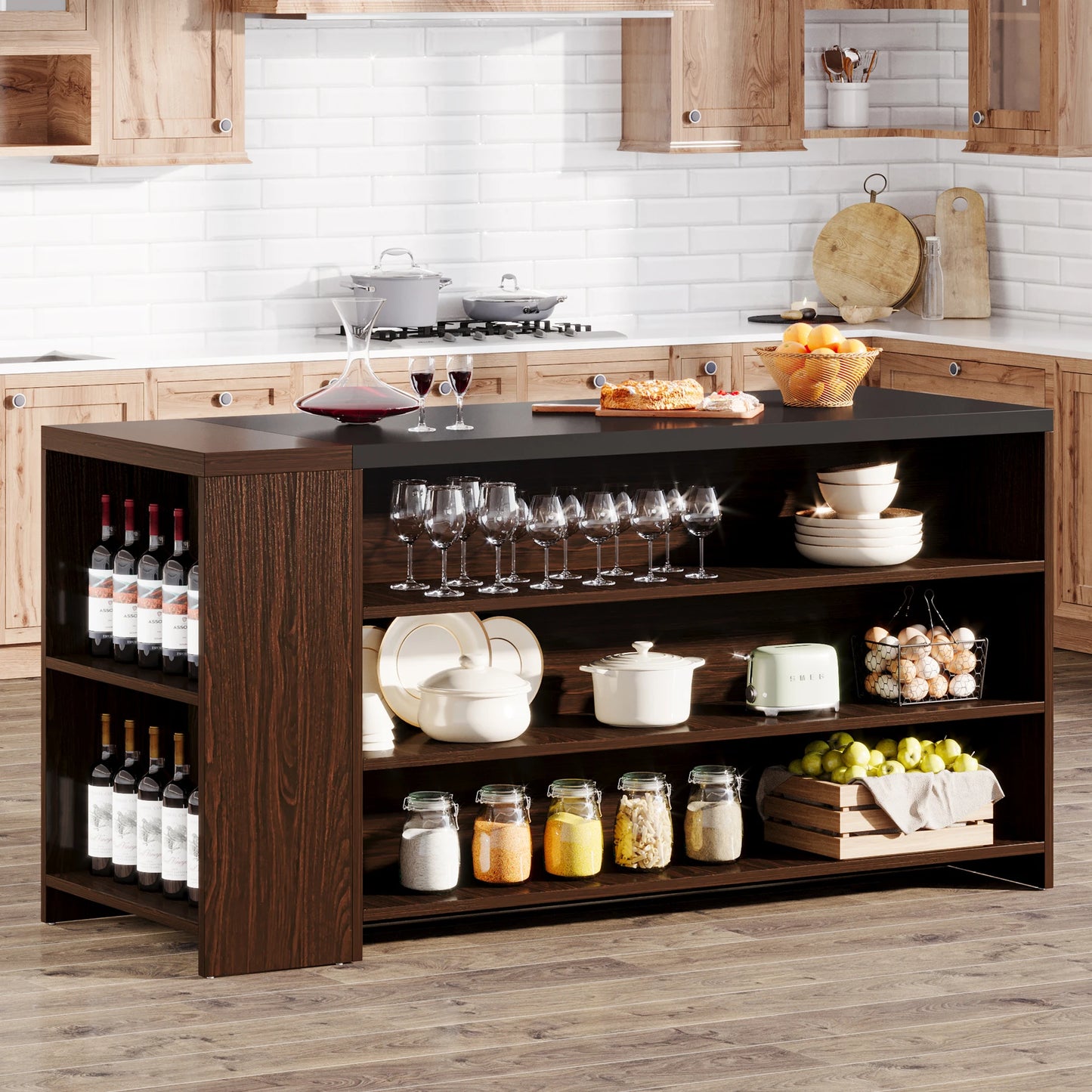 Tribesigns Farmhouse Kitchen Island with Storage and 5-Tier Shelves