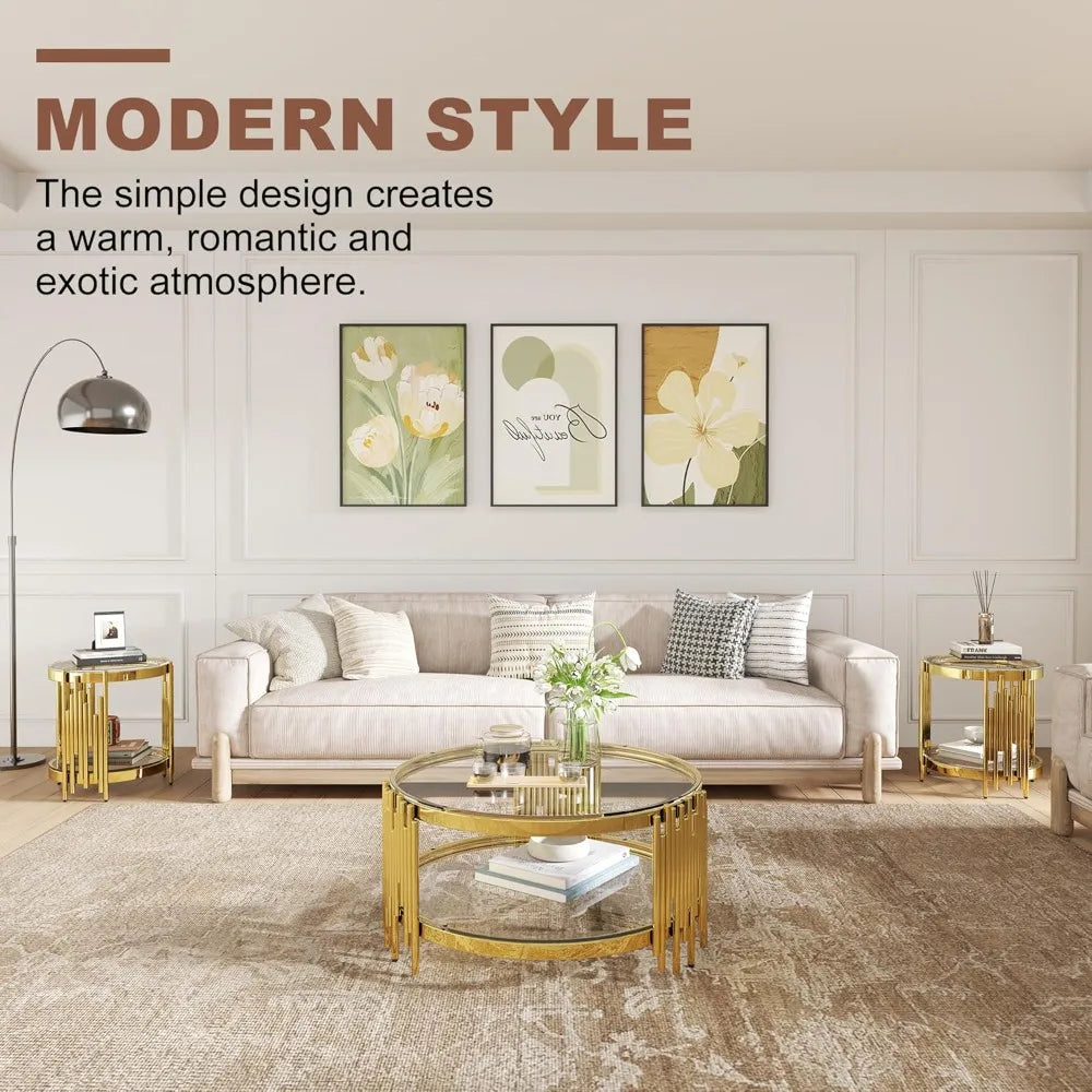 MKDK 3 Piece Glass Coffee Table Set Stainless Steel Frame