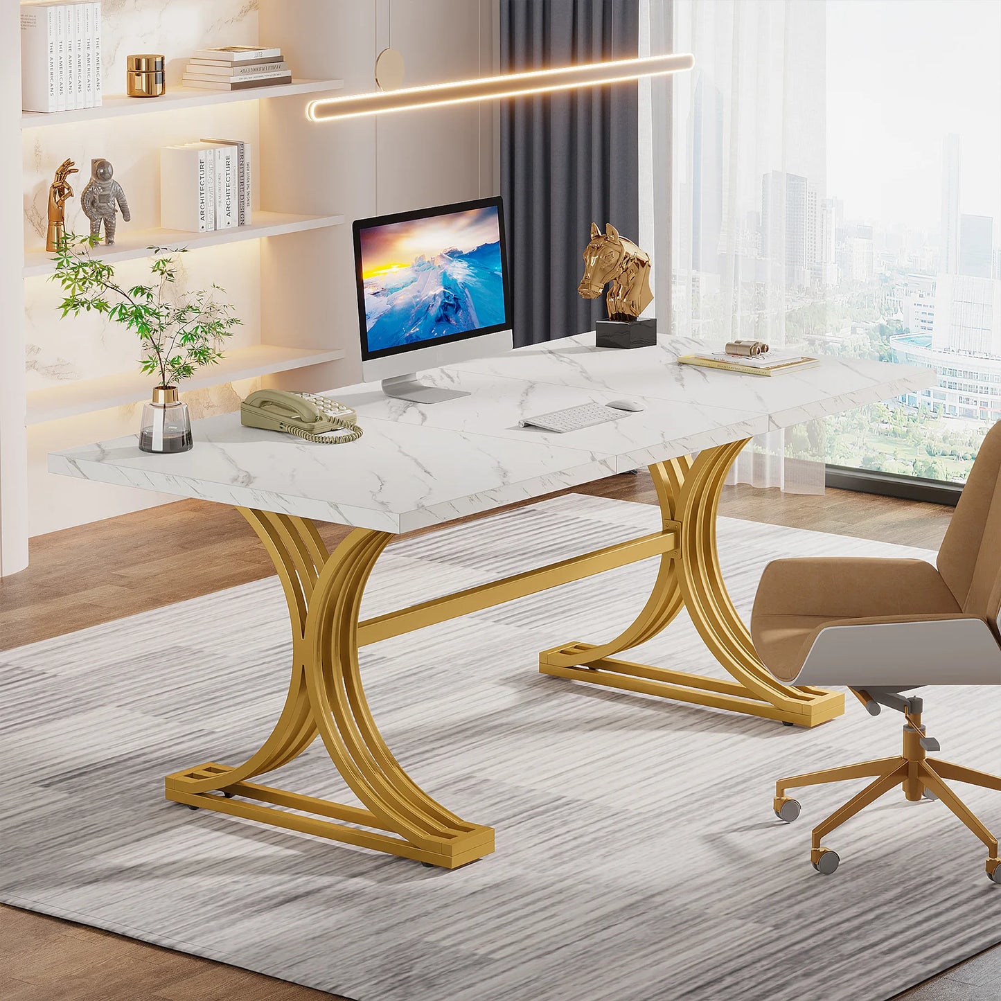 Tribesigns Modern Executive Wooden Office Desk With Gold Metal Legs