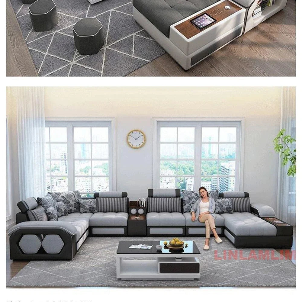 MANBAS U-Shaped Sectional Fabric Sofa Set With Built-In Storage