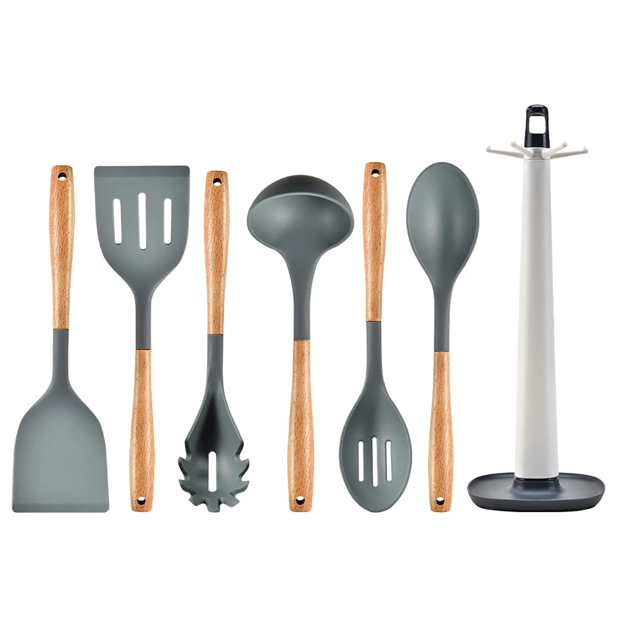 HELOTIC Silicone Kitchen Utensil Set Six To Seven Pieces With Storage Stand