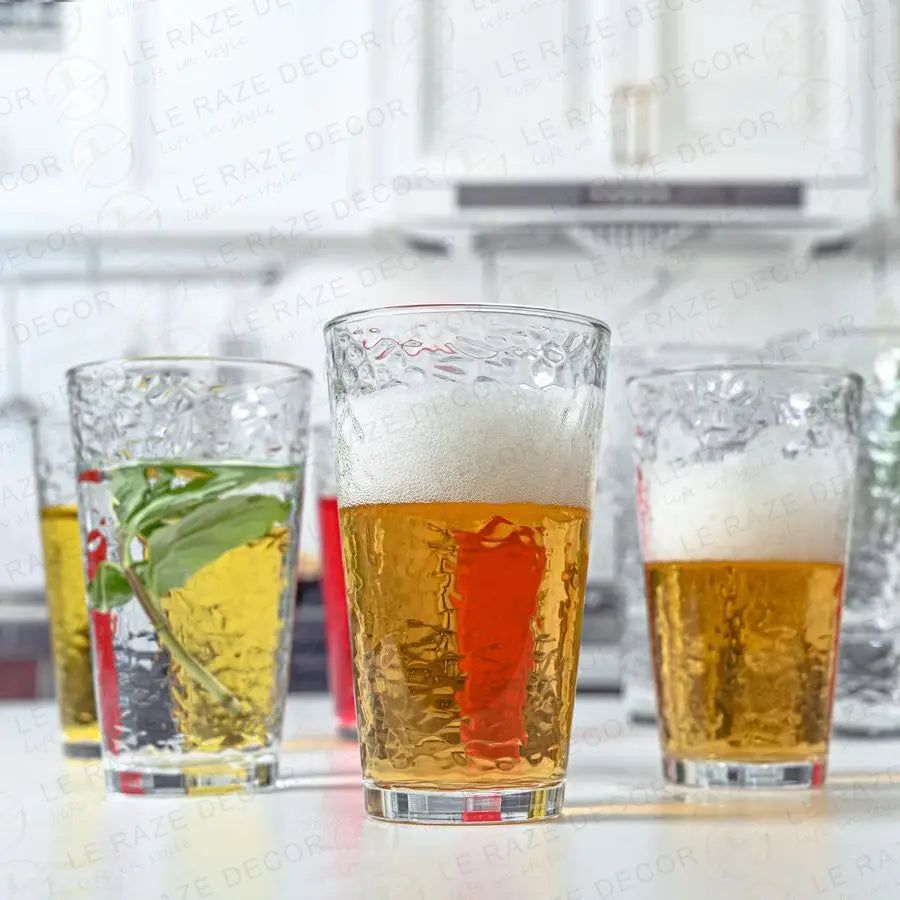 of 10 Hammered Glass Cups, 16oz. Dishwasher Safe Cocktail Drinking Glasses Clear Heavy Base Stemmed Water Glasses, Tall Beer Gla