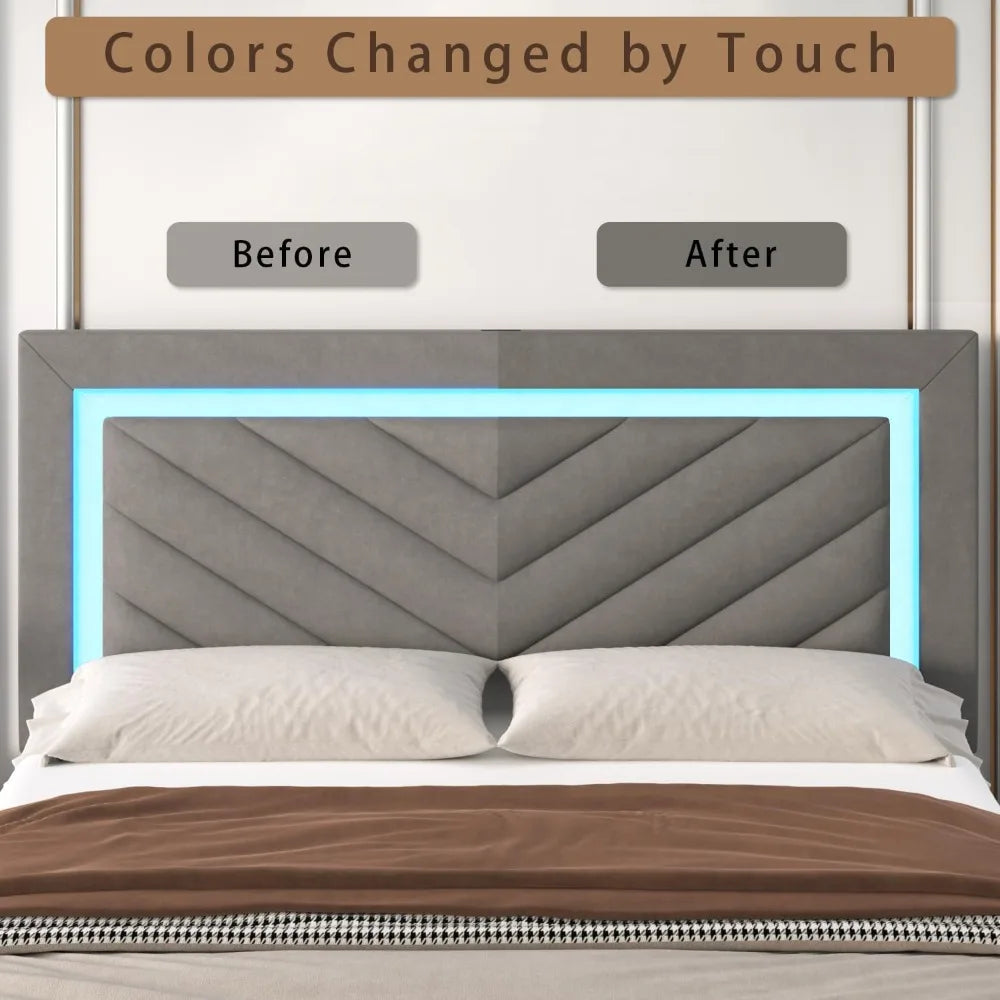 Upholstered Velvet Bed Frame With LED Headboard Storage Drawer Charging